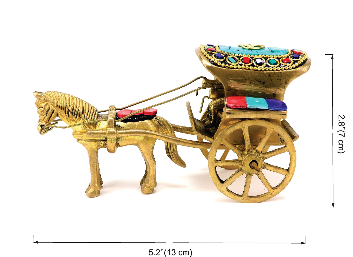 Gemstone Work Brass Horse Cart Replica Decor Showpiece
