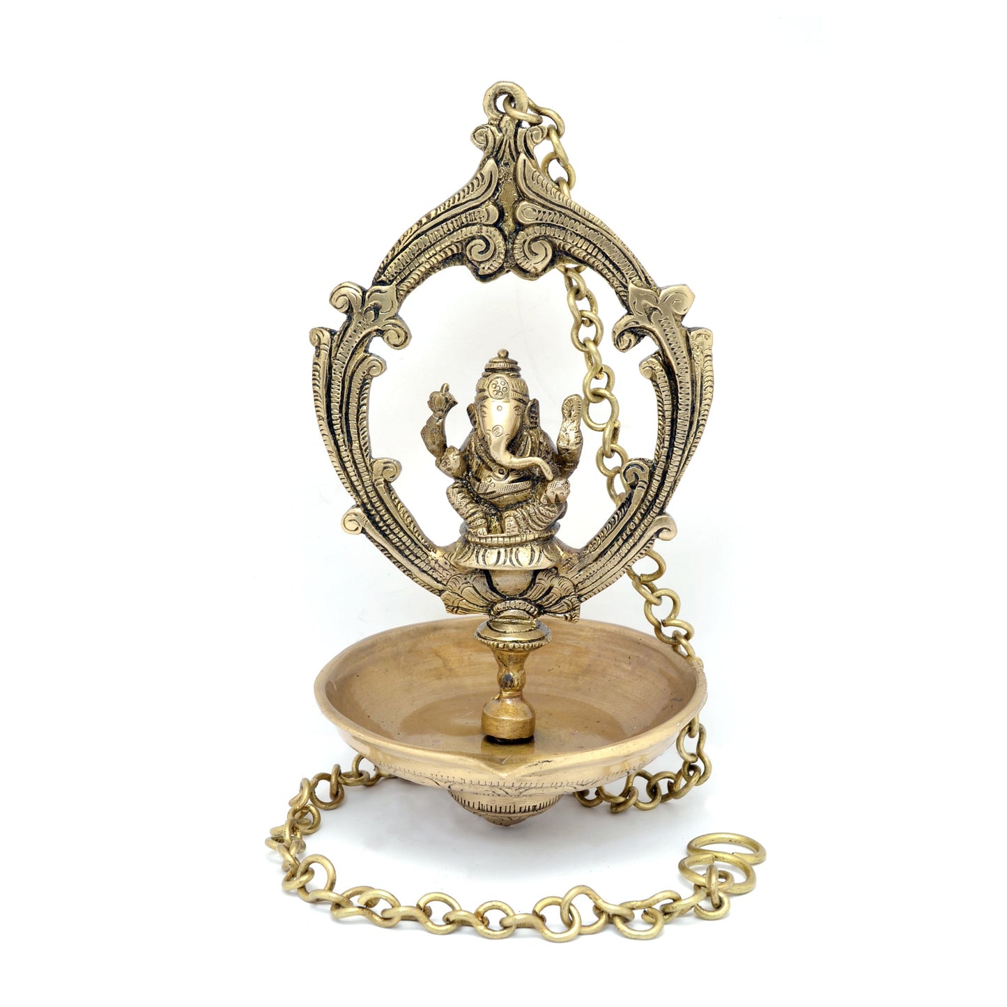 Brass Handmade Ganesha Design Oil Wick Hanging Diya, Diyas for Home Decor