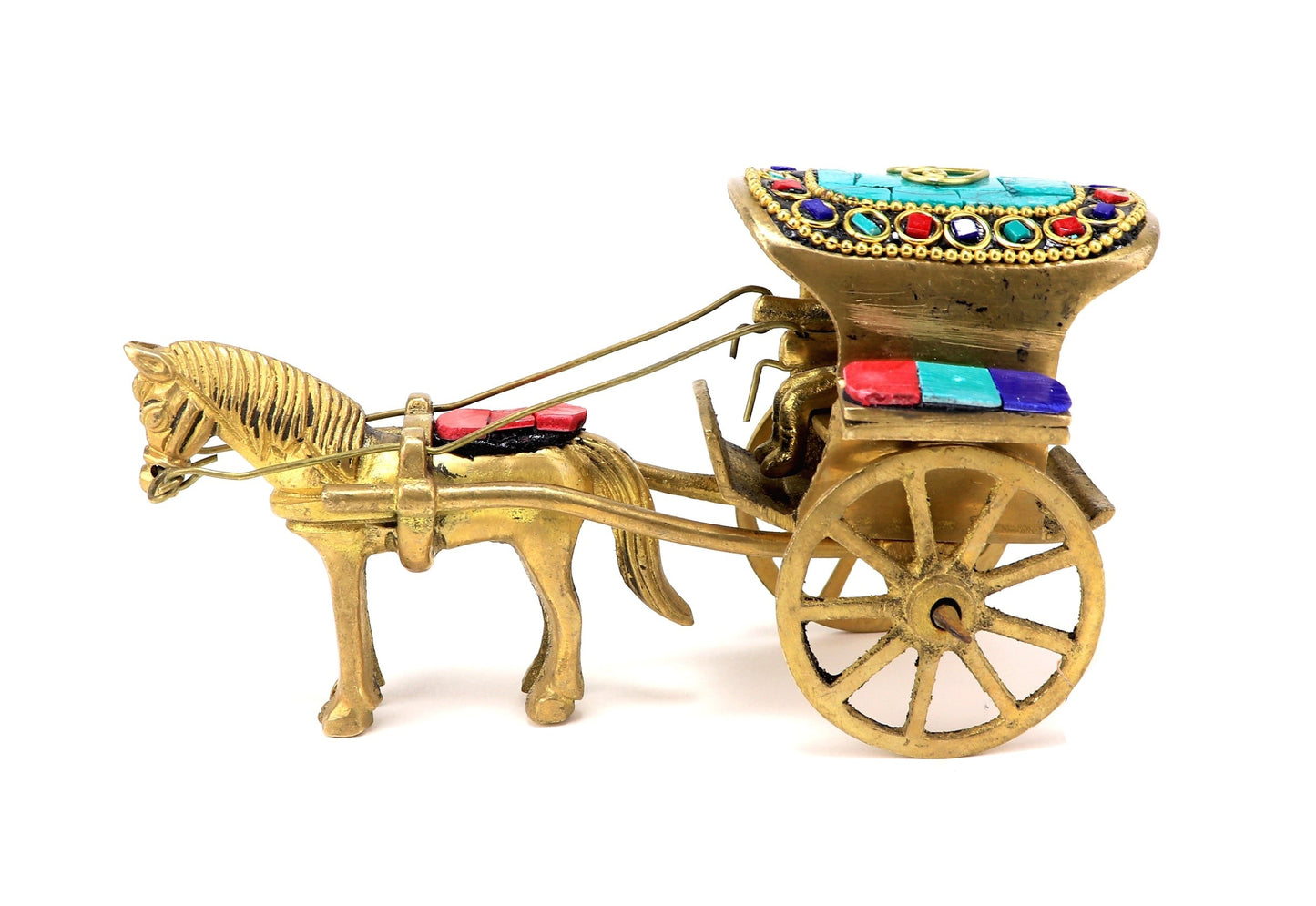 Gemstone Work Brass Horse Cart Replica Decor Showpiece