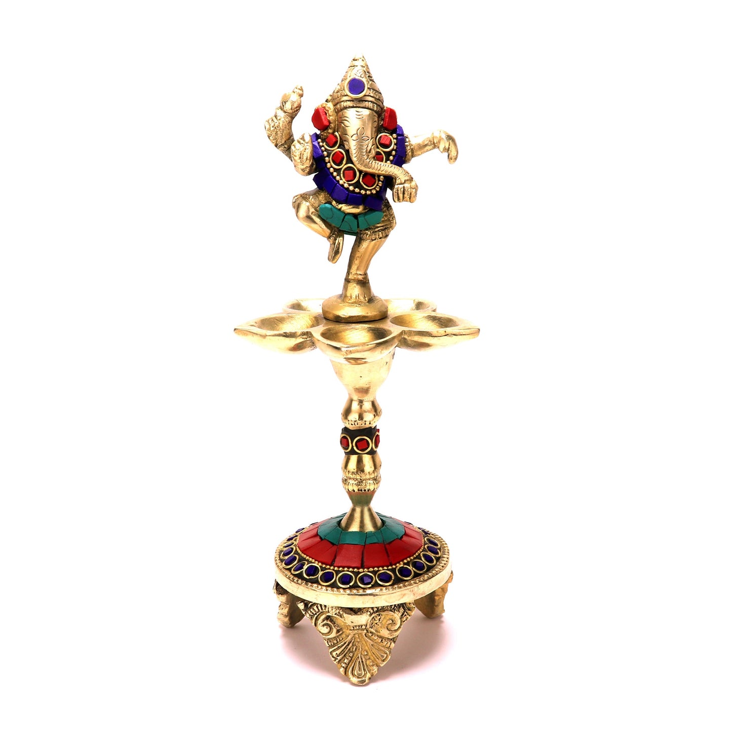 Gemstone Work Dancing Ganesha Over Ethnic Legs Five Oil Wick Brass Diya