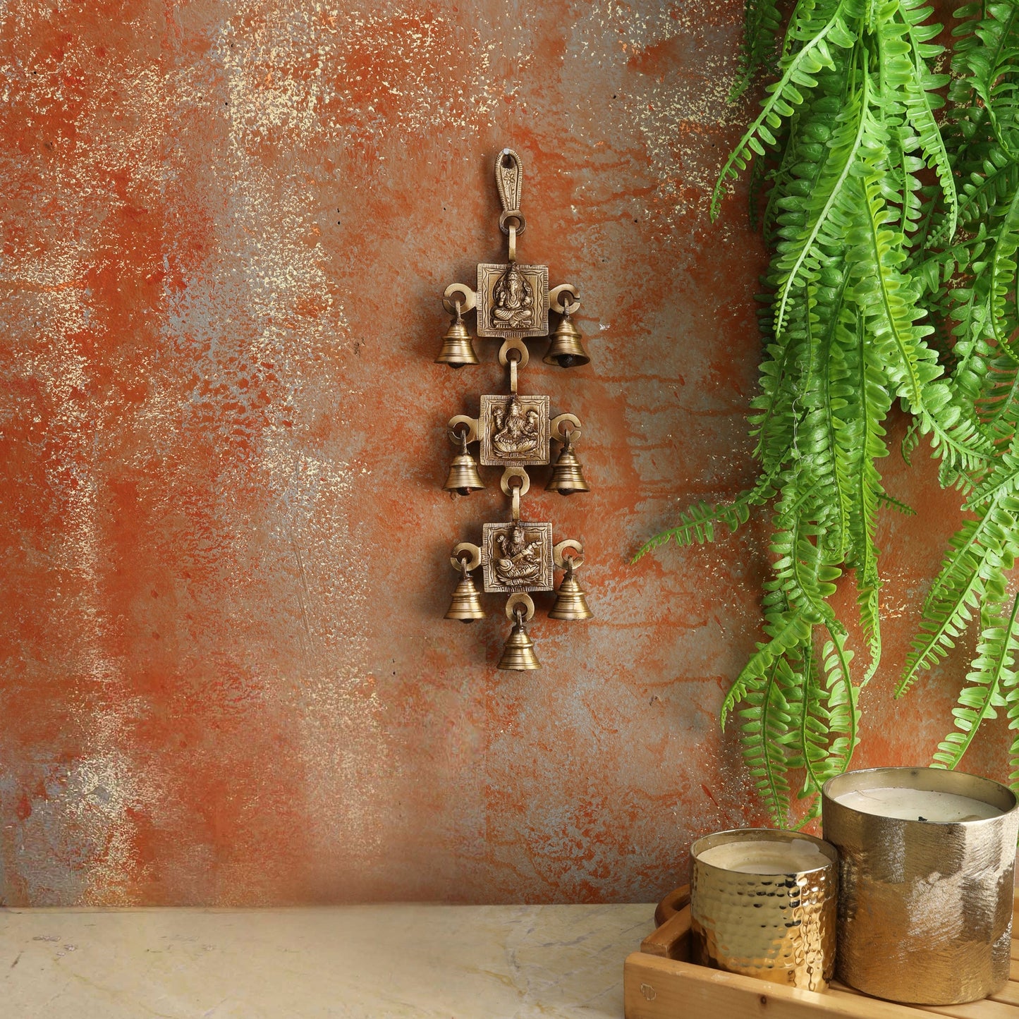 Brass Ganesh Laxmi Saraswati Hanging Bells, Ghanti for Pooja, Temple Decorative Bells