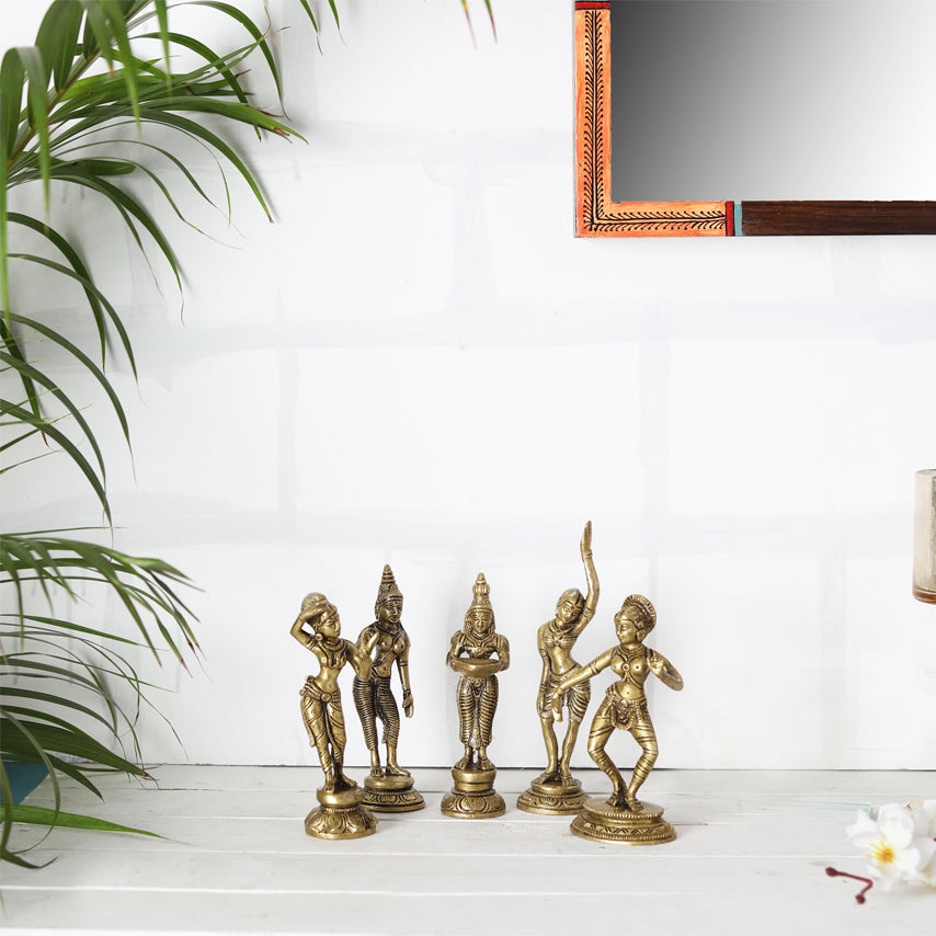 Brass Apsara Showpieces - Set of 5 Statues
