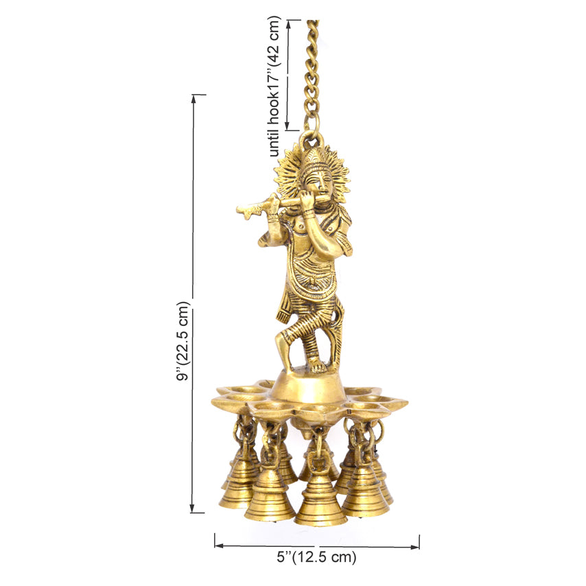 Brass Krishna Design Hanging Diya, 8 Inches Diya