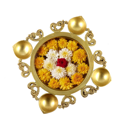 Brass Ethnic Carved Design 9.5 Inches Urli with 4 Diyas