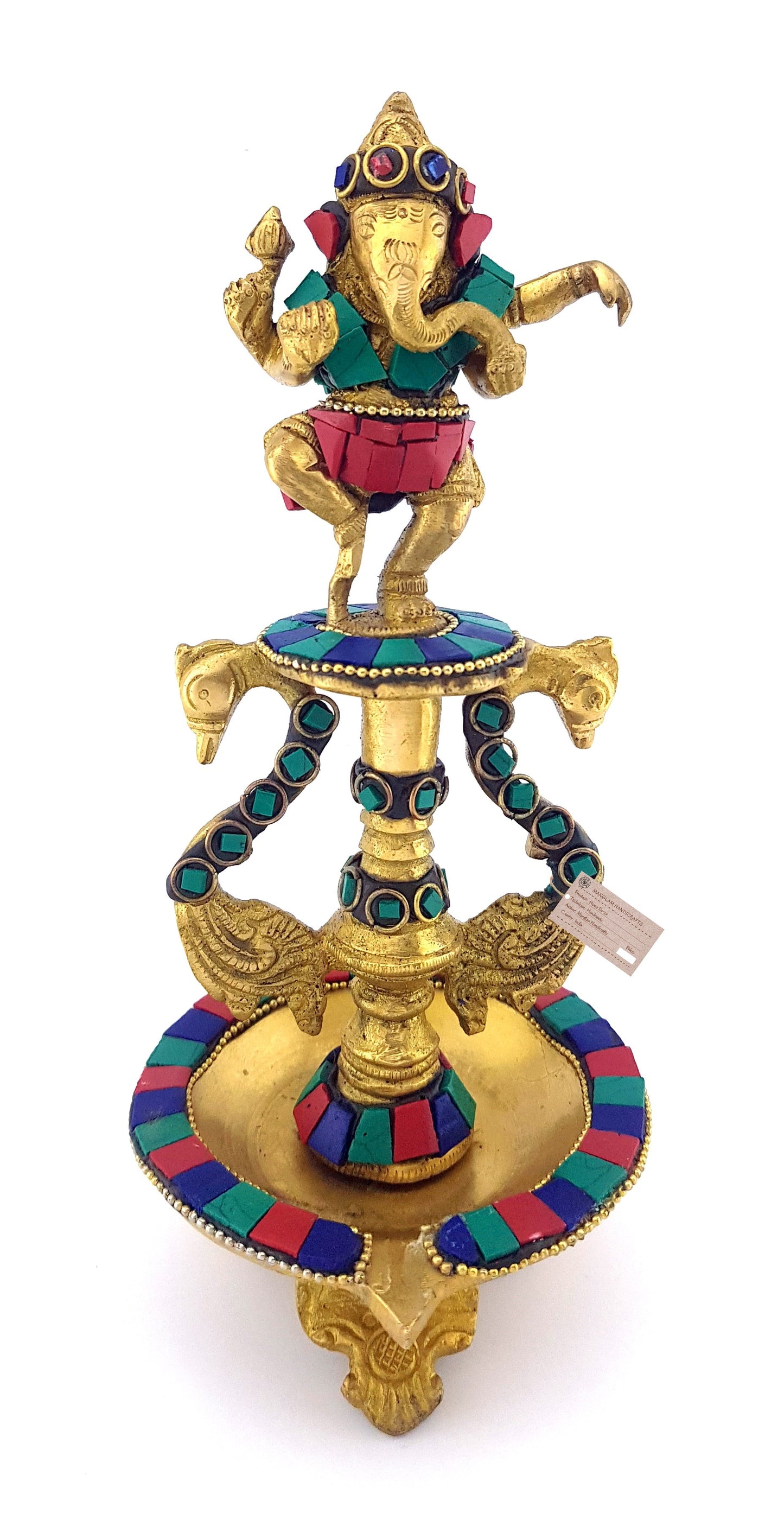 Dancing Ganesha Gemstone Work Brass Oil Diya