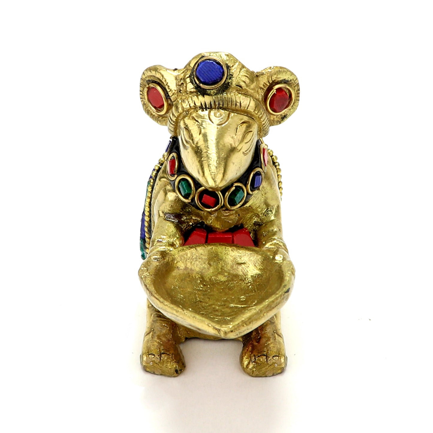 Brass Gemstone Work Ganesha Mouse Holding Oil Lamp Diya