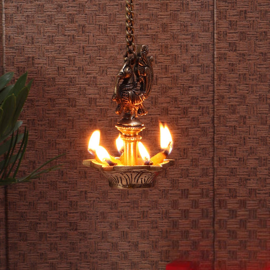 Ethnic Handmade Peacock Design 5 Oil Wick Brass Hanging Diya
