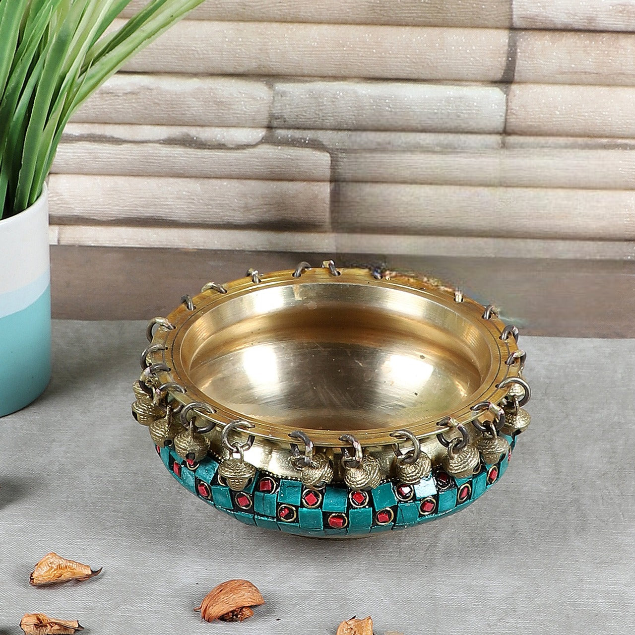 Gemstone Work Brass Urli Ethnic Traditional Bowl with Bells