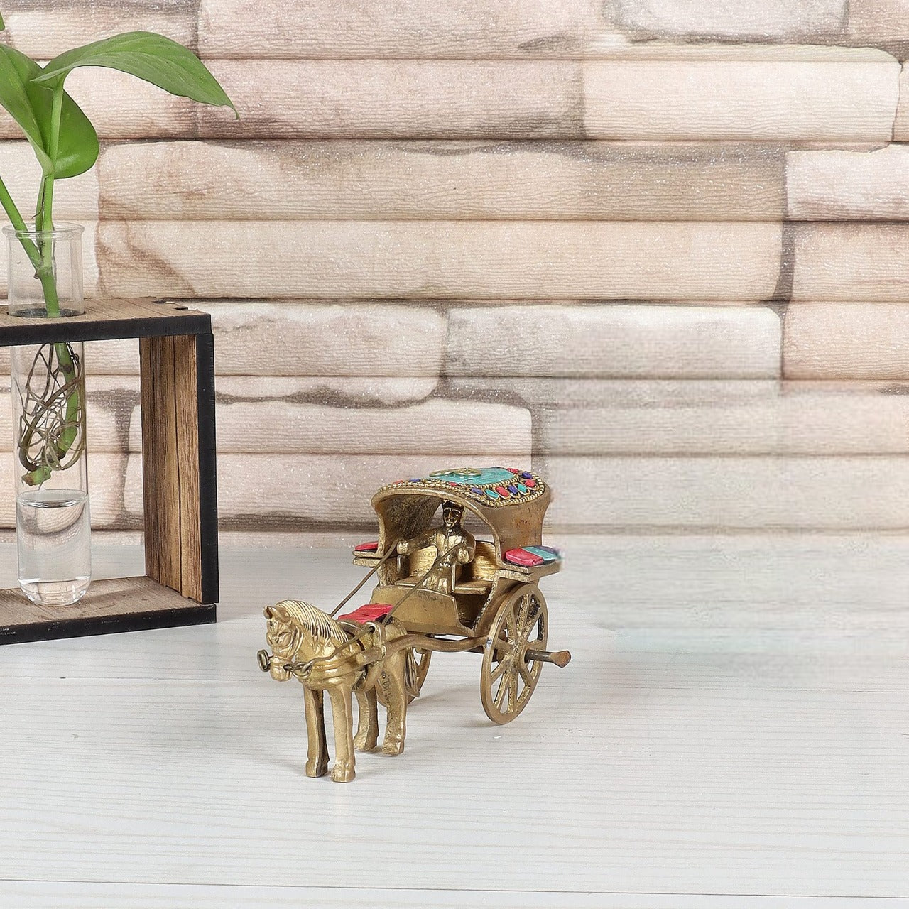 Gemstone Work Brass Horse Cart Replica Decor Showpiece