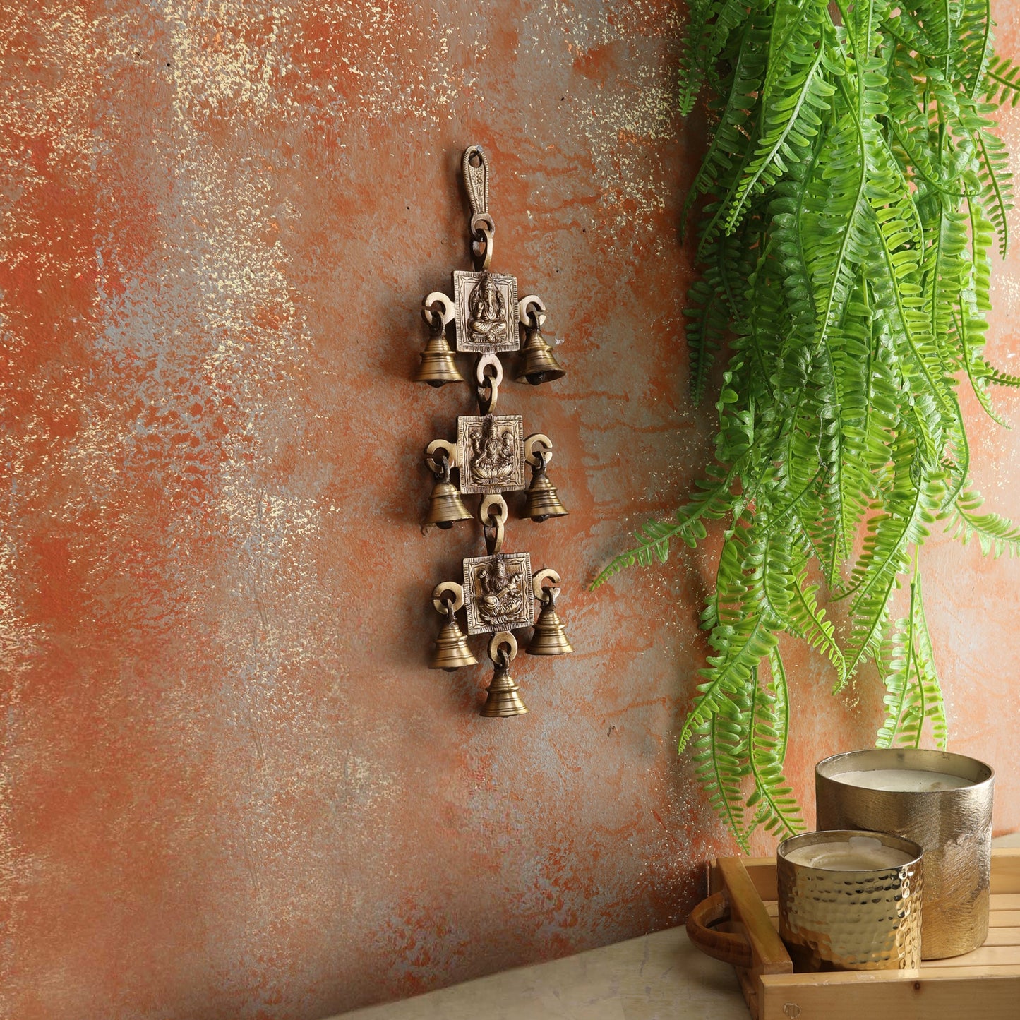 Brass Ganesh Laxmi Saraswati Hanging Bells, Ghanti for Pooja, Temple Decorative Bells