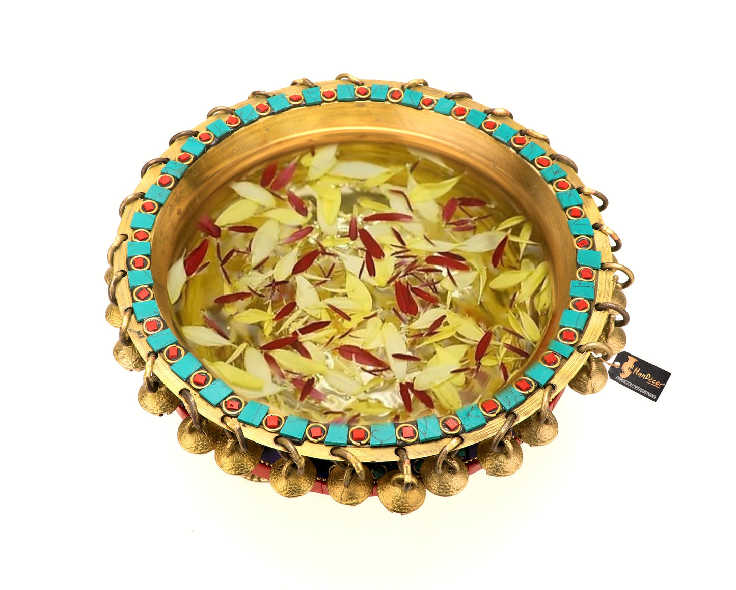 Gemstone Work Brass 8 Inches Urli Bowl on Ethnic Carved Legs