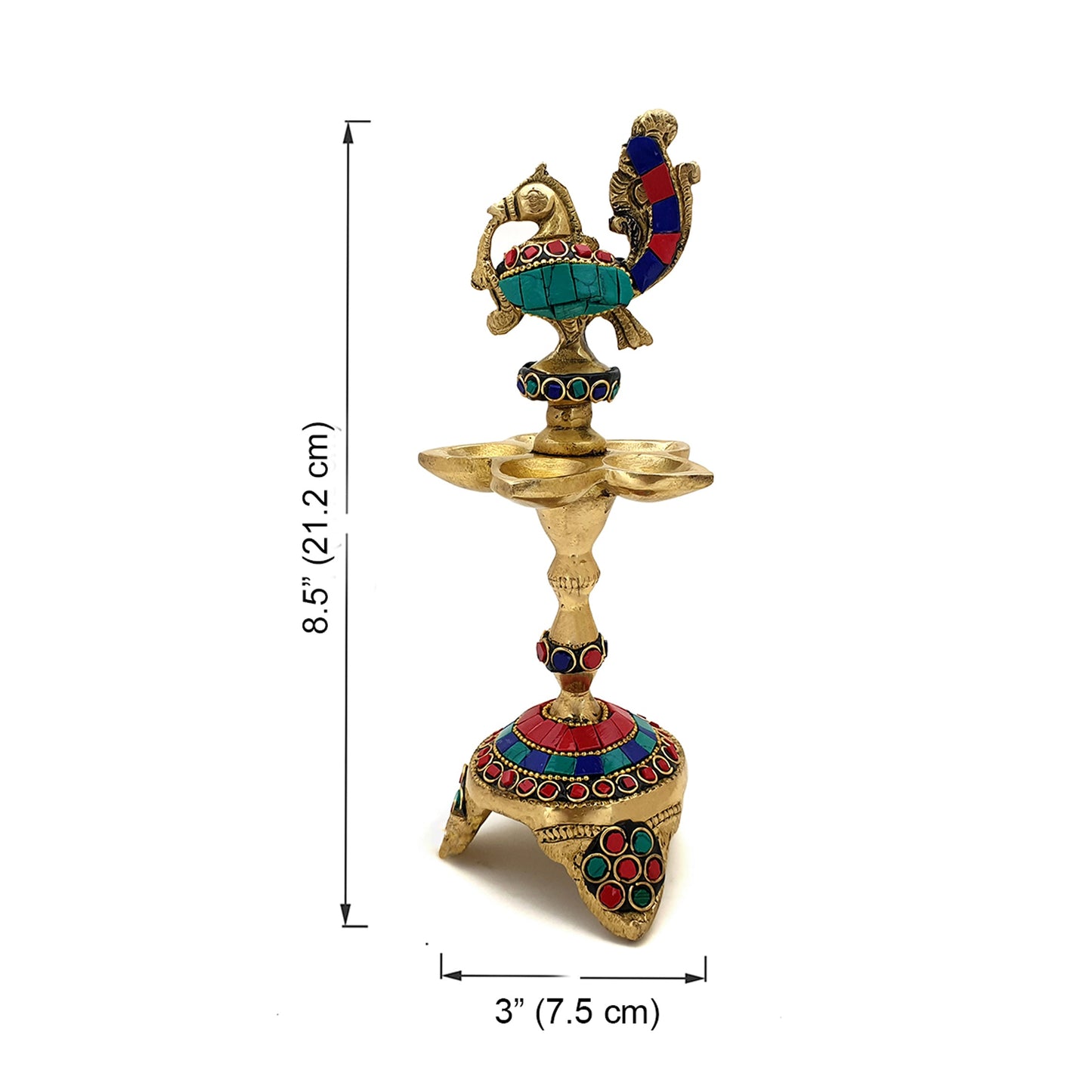 Gemstone Work Peacock Over Ethnic Carved Legs Five Oil Wick Brass Diya