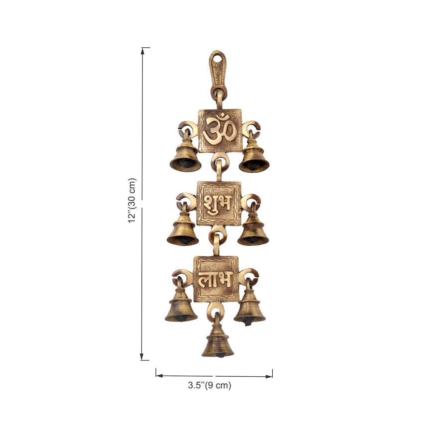 Om Shubh Labh Design Brass Hanging Bells, 12 Inches, Hanging Bells for Decoration