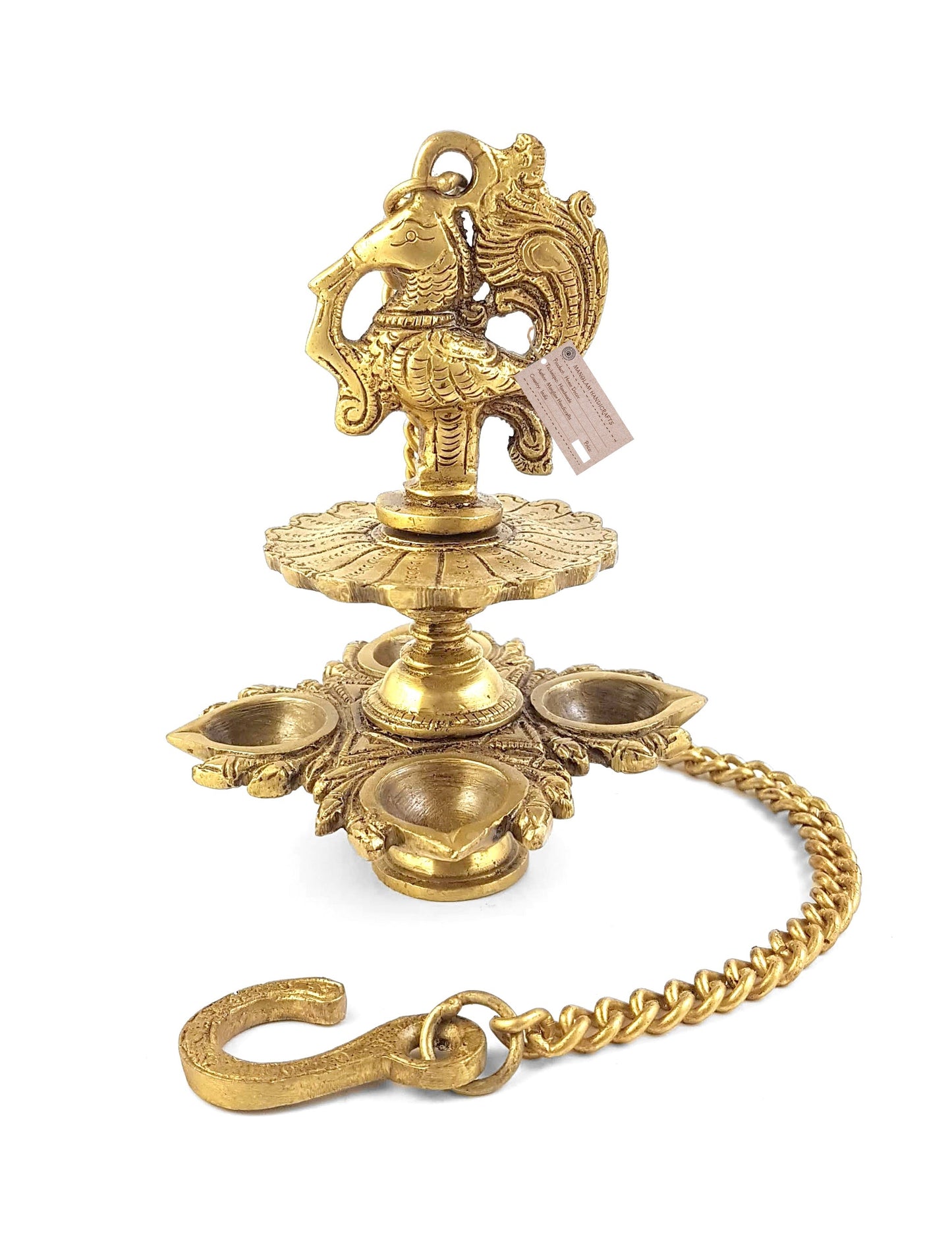 Handmade Peacock Design 4 Oil Wick Brass Hanging Diya