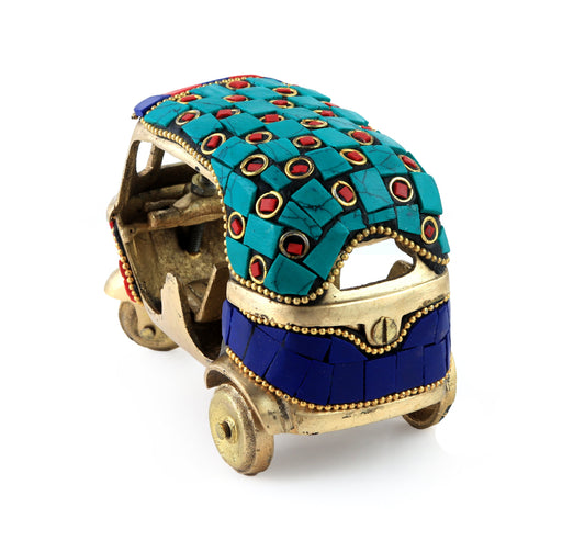 Gemstone Work Vintage Style Auto Rickshaw Miniature Brass