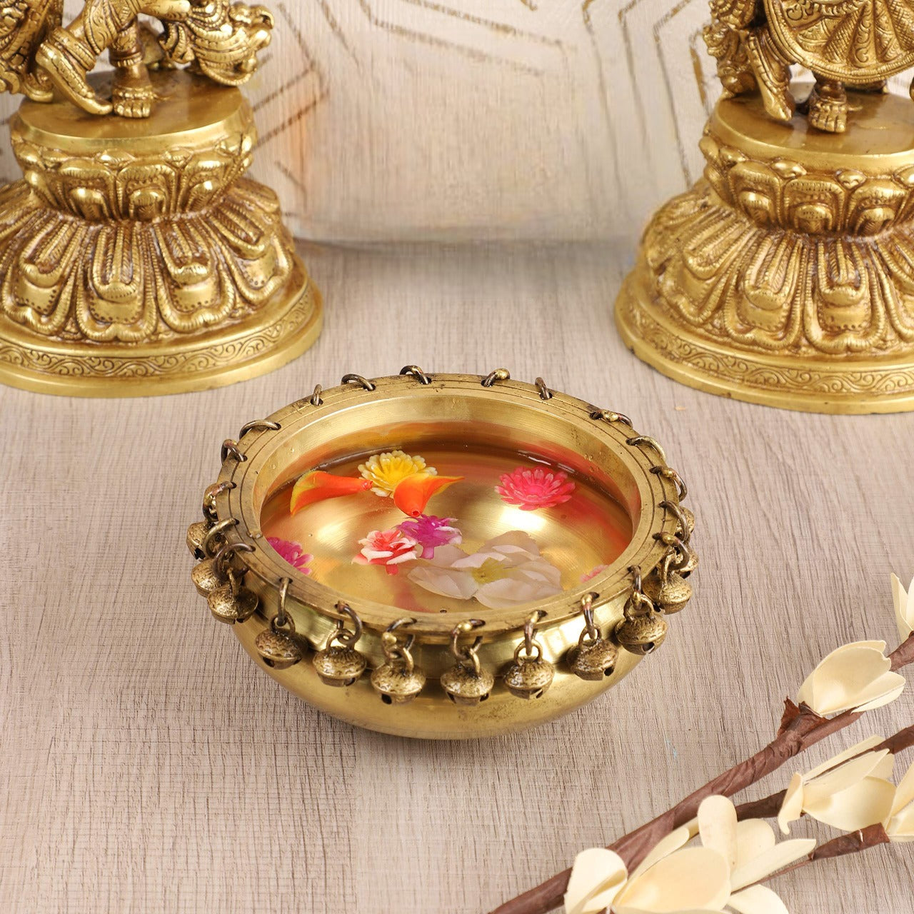 Brass Urli Ethnic Traditional Bowl with Bells Showpiece