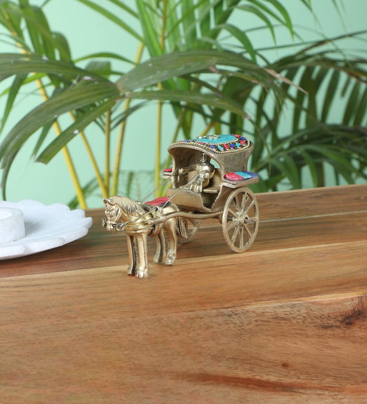 Gemstone Work Brass Horse Cart Replica Decor Showpiece