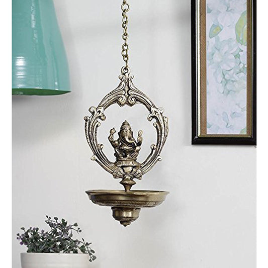 Brass Handmade Ganesha Design Oil Wick Hanging Diya, Diyas for Home Decor