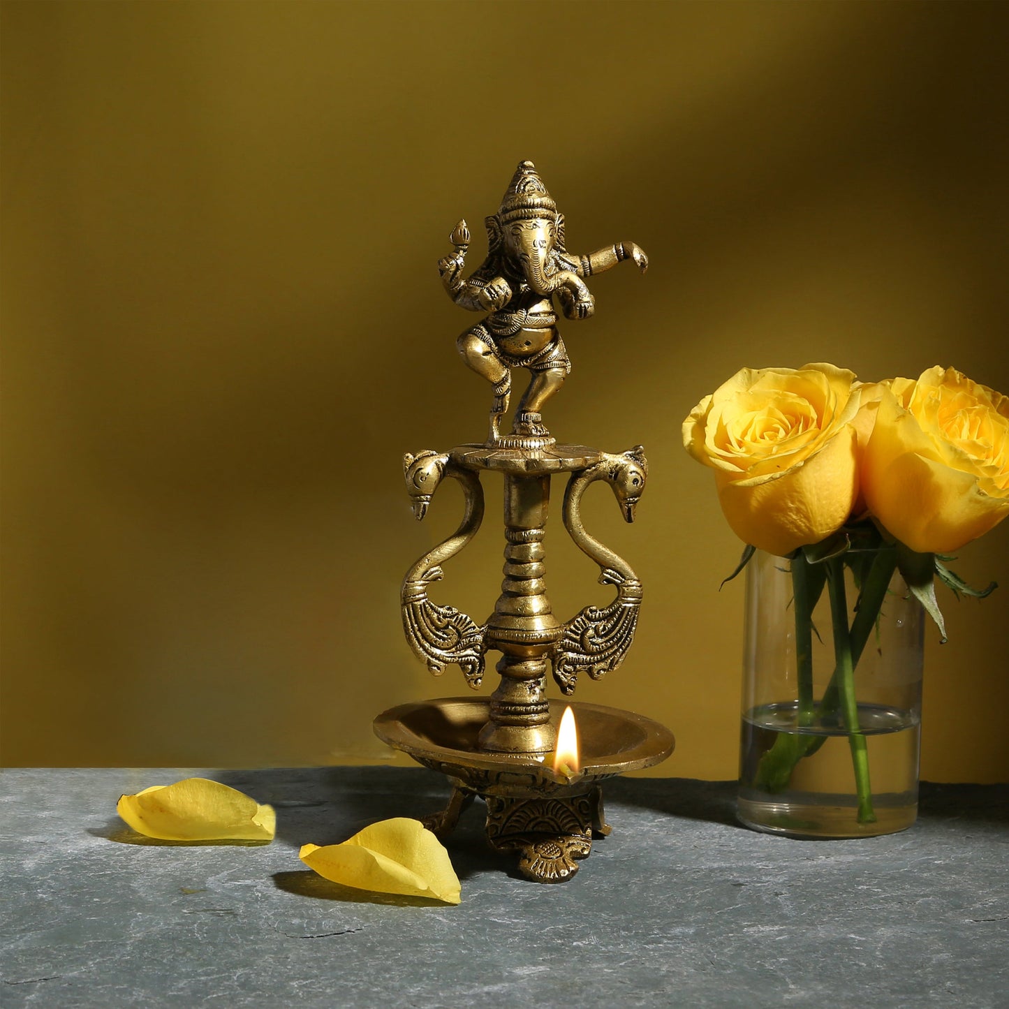 Brass Dancing Ganesha Oil Diya with Base