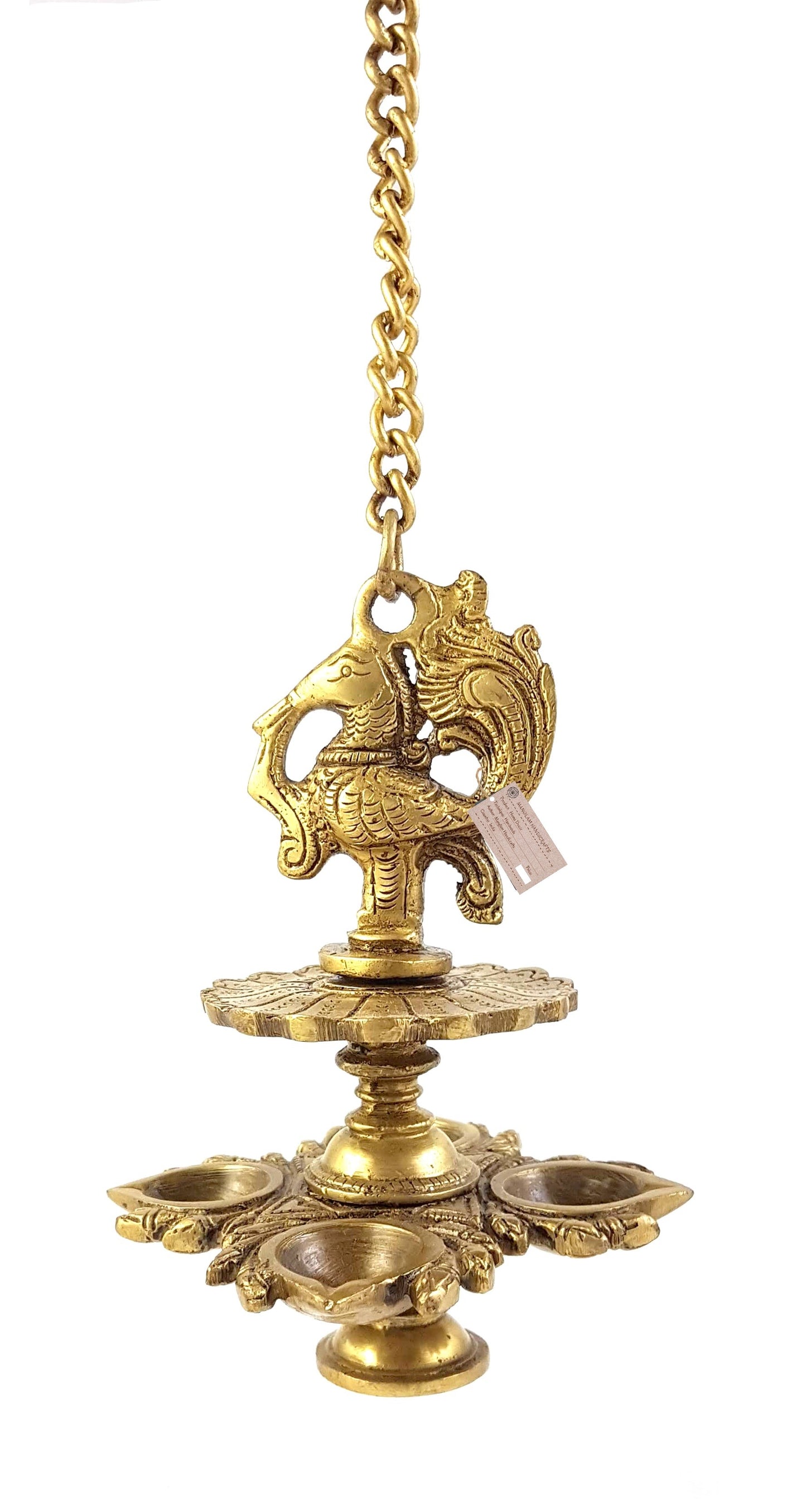 Handmade Peacock Design 4 Oil Wick Brass Hanging Diya
