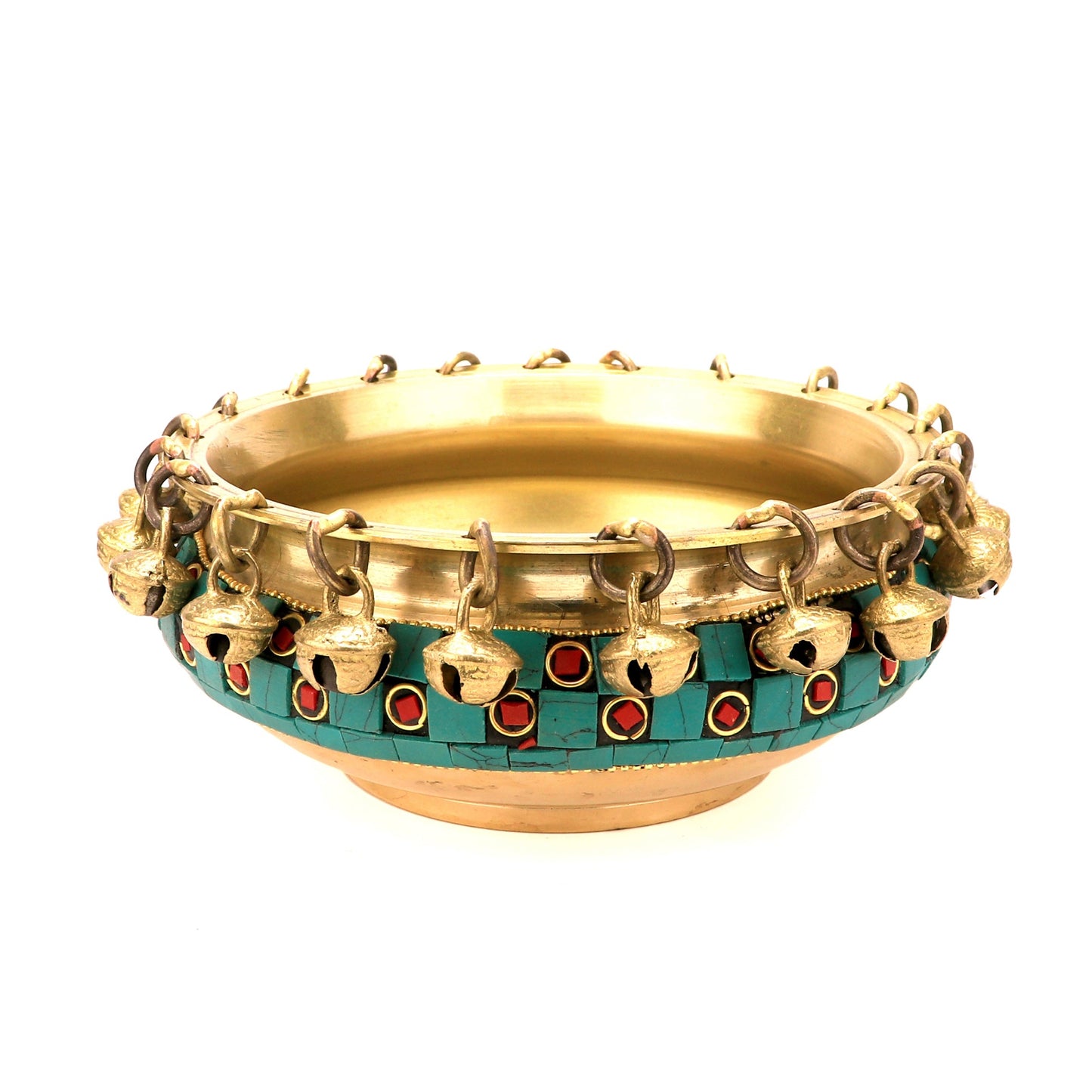 Gemstone Work Brass Urli Ethnic Traditional Bowl with Bells