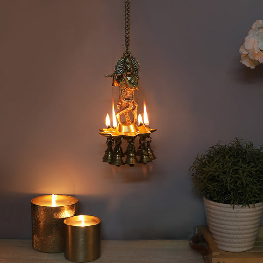 Brass Krishna Design Hanging Diya, 8 Inches Diya