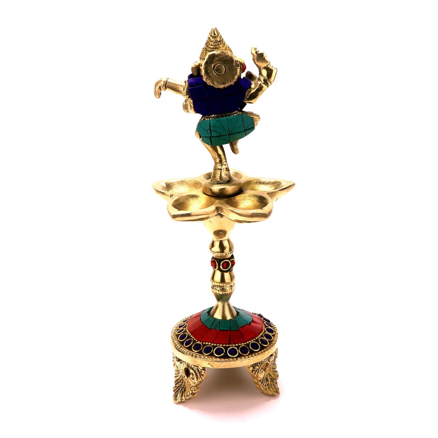 Gemstone Work Dancing Ganesha Over Ethnic Legs Five Oil Wick Brass Diya