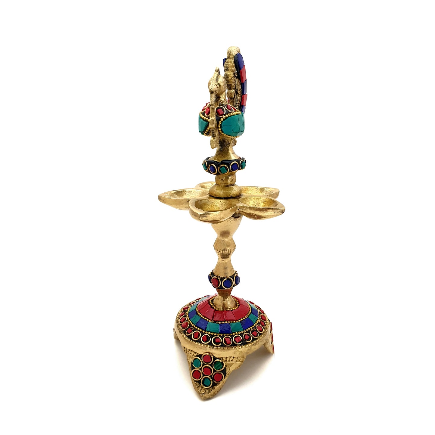 Gemstone Work Peacock Over Ethnic Carved Legs Five Oil Wick Brass Diya