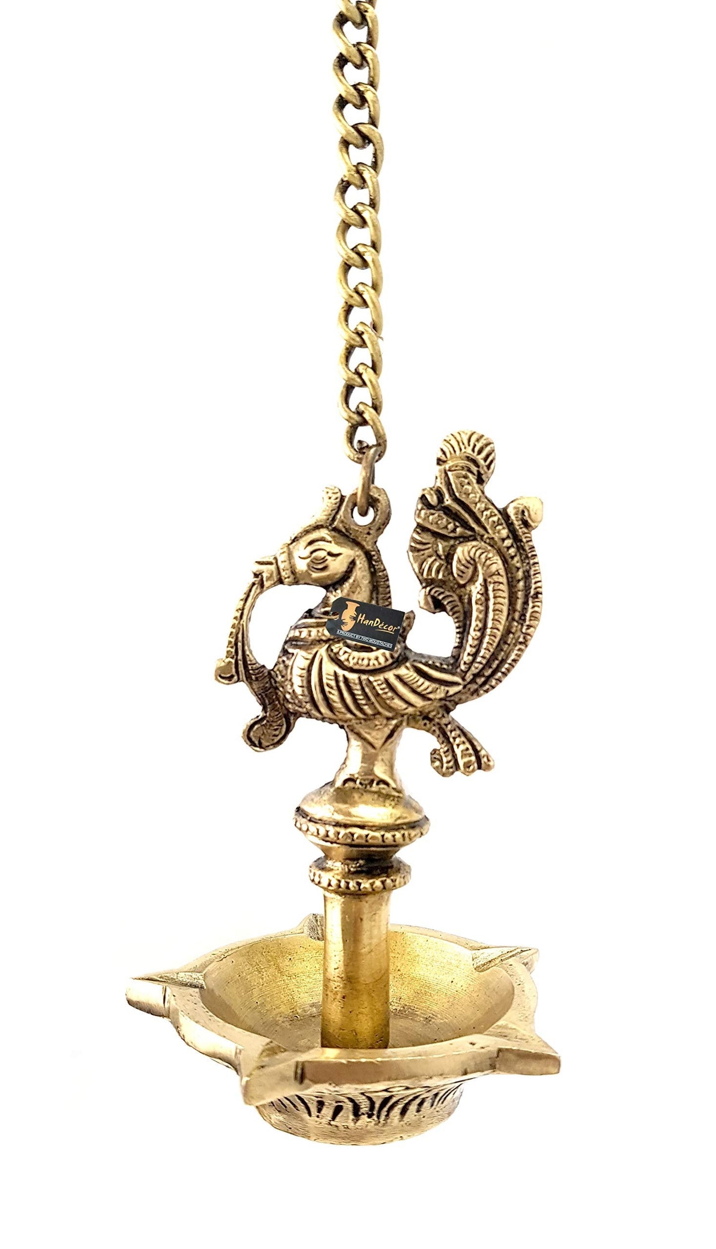 Ethnic Handmade Peacock Design 5 Oil Wick Brass Hanging Diya