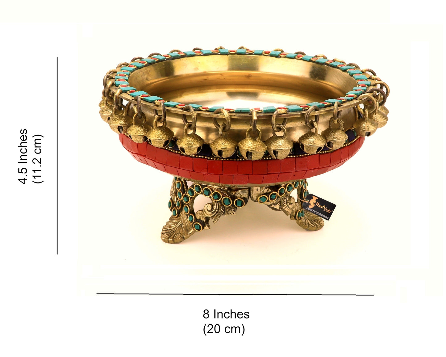 Gemstone Work Brass 8 Inches Urli Bowl on Ethnic Carved Legs
