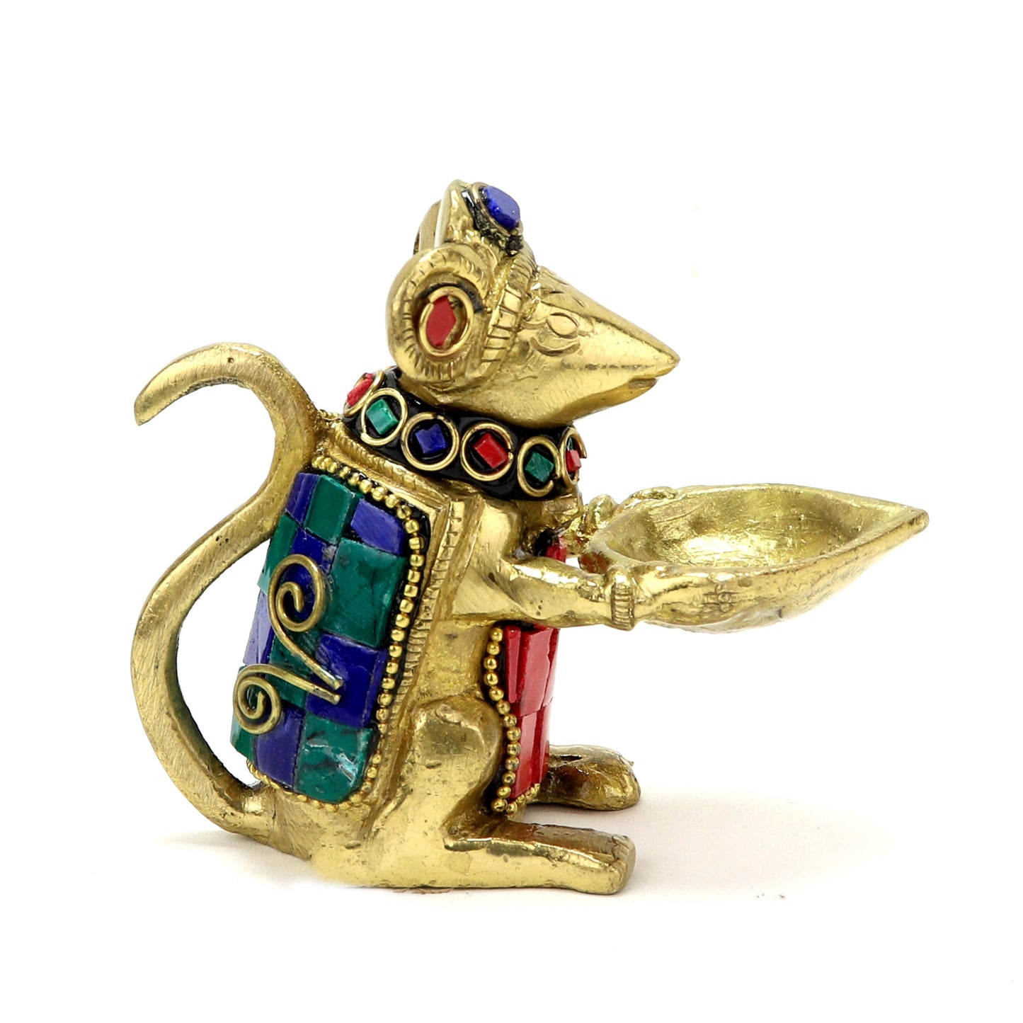 Brass Gemstone Work Ganesha Mouse Holding Oil Lamp Diya