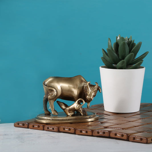 Brass Kamdhenu Cow & Calf Showpiece, Handcrafted Brass Kamdhenu Statue