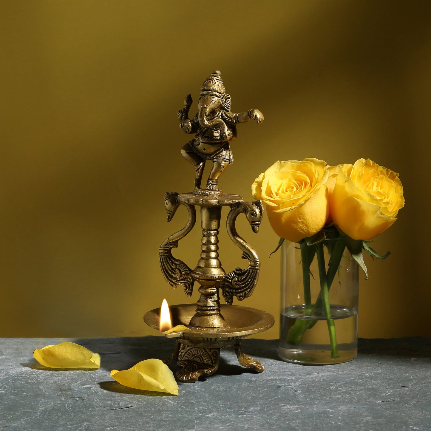 Brass Dancing Ganesha Oil Diya with Base