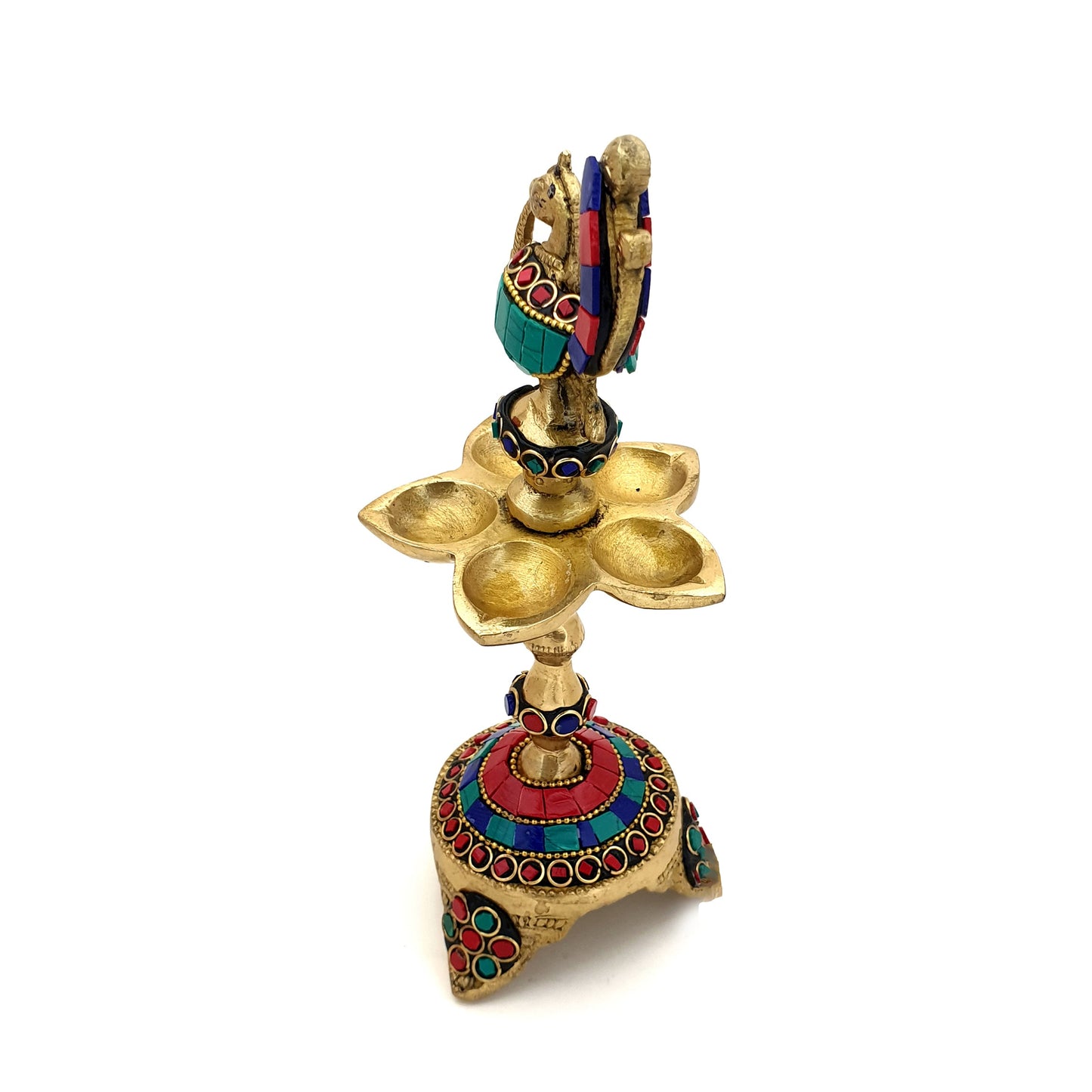 Gemstone Work Peacock Over Ethnic Carved Legs Five Oil Wick Brass Diya