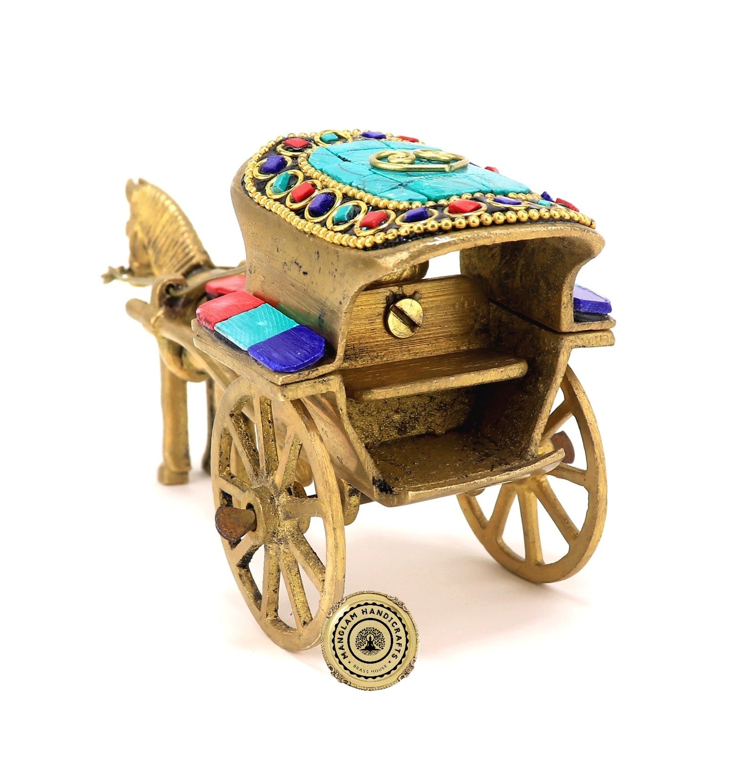 Gemstone Work Brass Horse Cart Replica Decor Showpiece