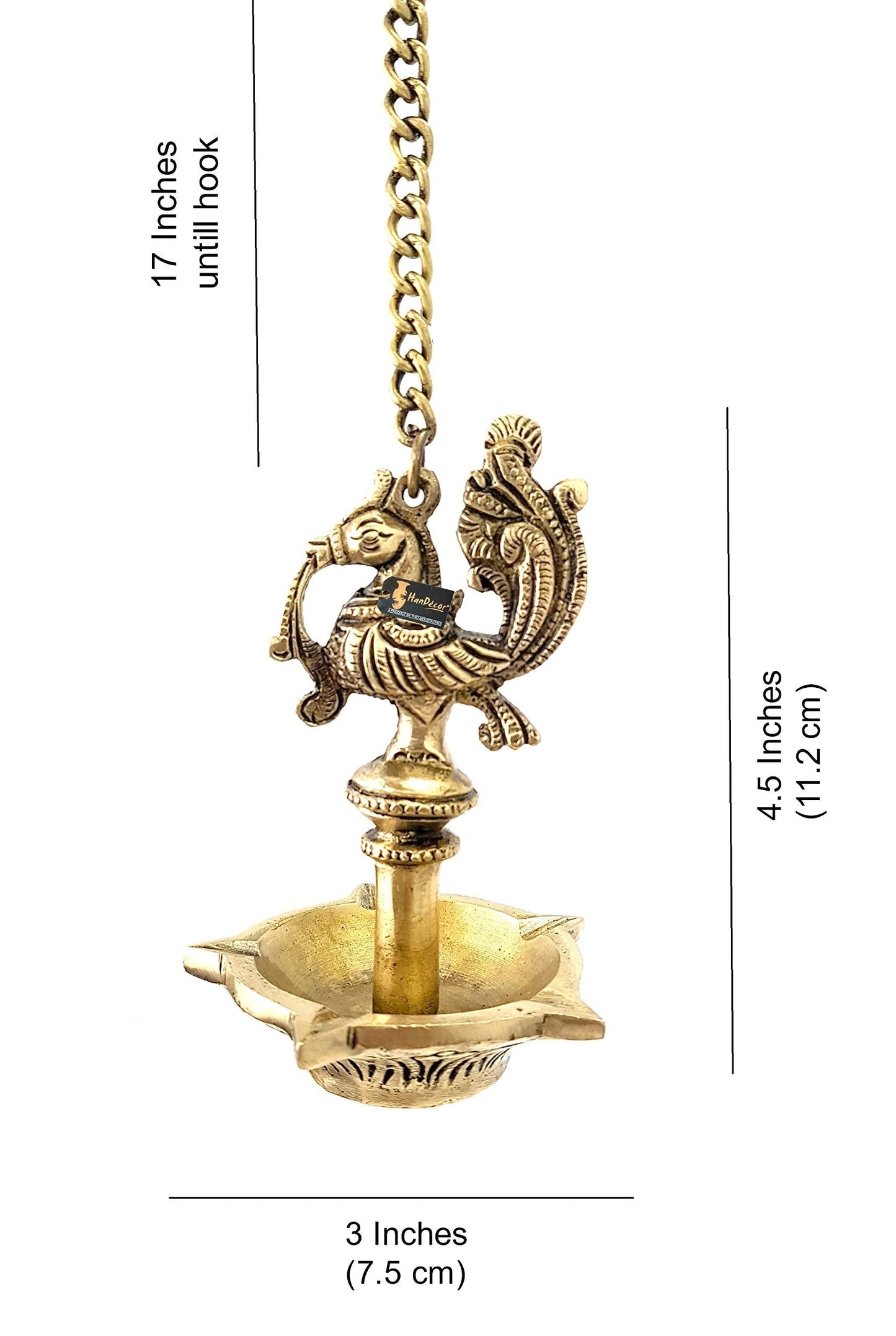 Ethnic Handmade Peacock Design 5 Oil Wick Brass Hanging Diya