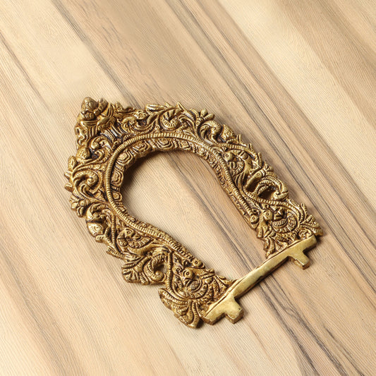 Brass Ethnic Carved Peacock Design Prabhavali Frame Wall Hanging (Golden)