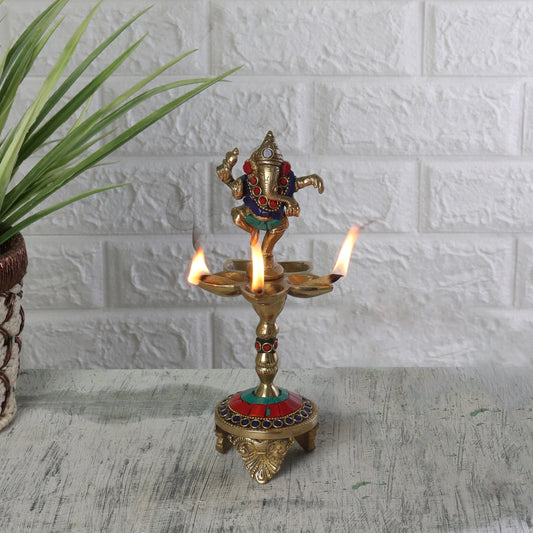 Gemstone Work Dancing Ganesha Over Ethnic Legs Five Oil Wick Brass Diya