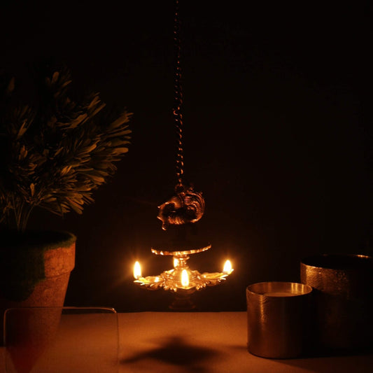 Handmade Peacock Design 4 Oil Wick Brass Hanging Diya