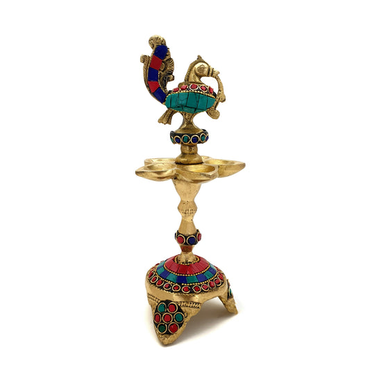 Gemstone Work Peacock Over Ethnic Carved Legs Five Oil Wick Brass Diya