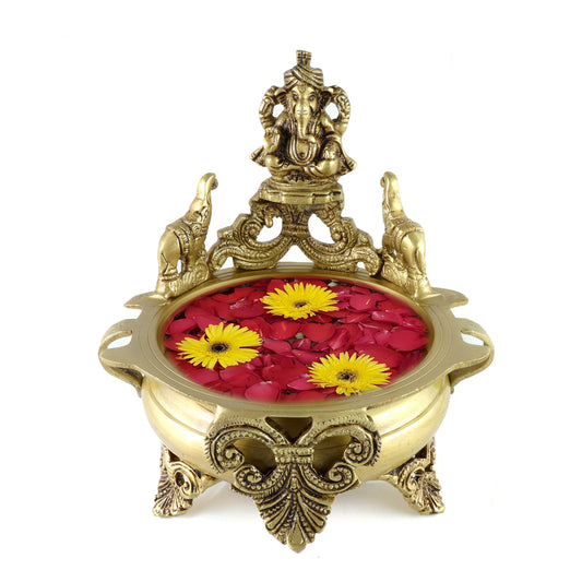 Brass Ganesha Design 7.5 Inches Urli, Antique Yellow