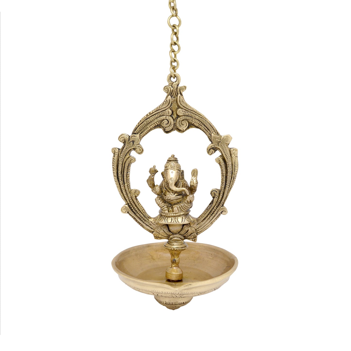 Brass Handmade Ganesha Design Oil Wick Hanging Diya, Diyas for Home Decor