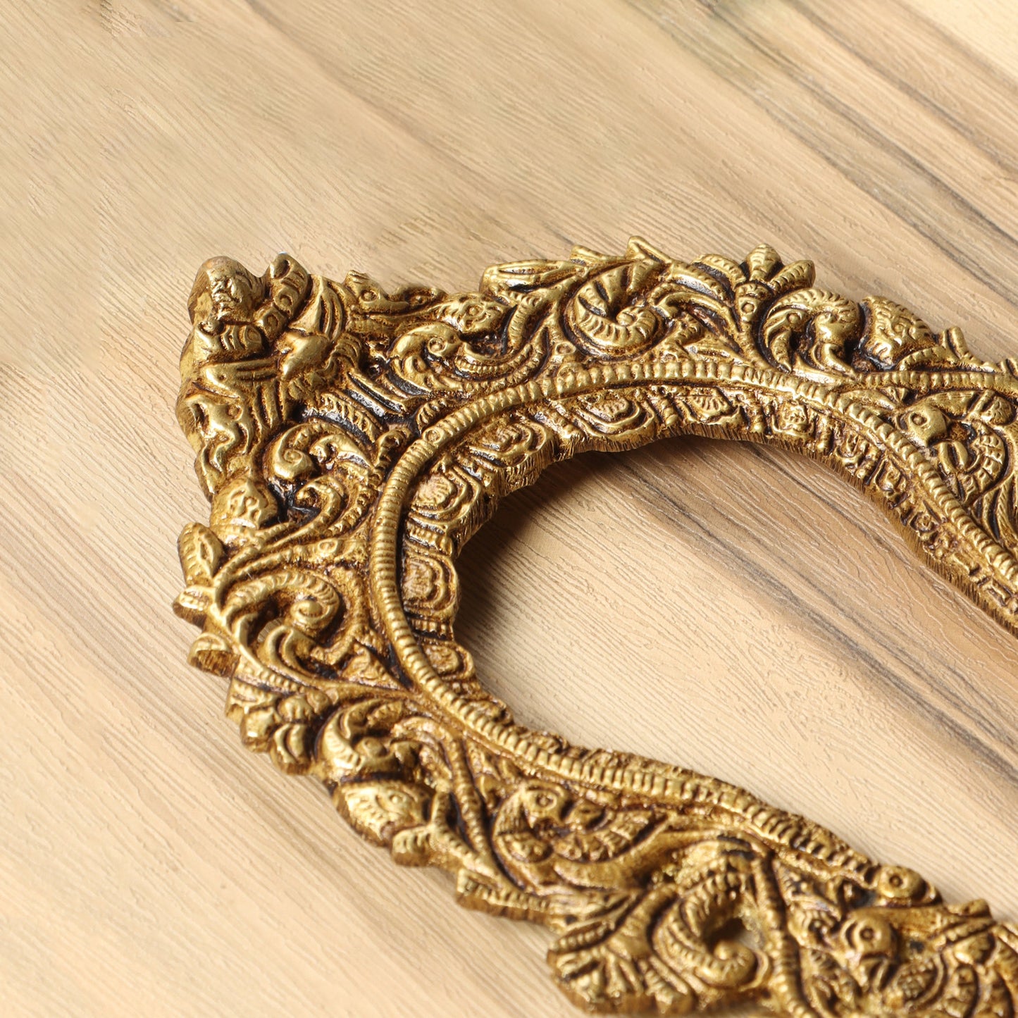 Brass Ethnic Carved Peacock Design Prabhavali Frame Wall Hanging (Golden)