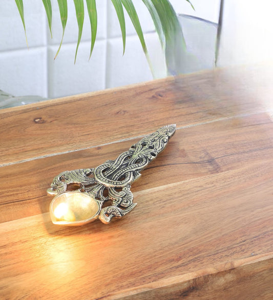 Twin Peacock Design Round Brass Pooja Aarti Spoon