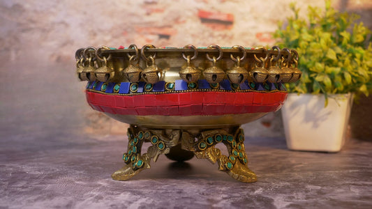 Gemstone Work Brass 8 Inches Urli Bowl on Ethnic Carved Legs