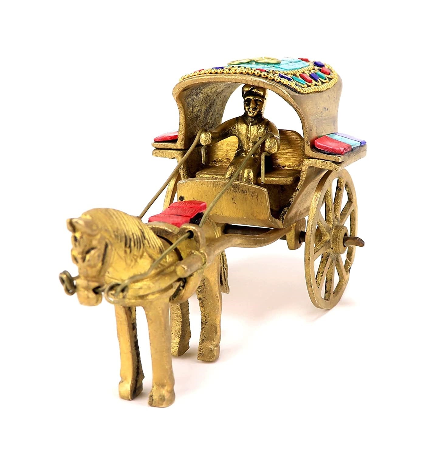 Gemstone Work Brass Horse Cart Replica Decor Showpiece