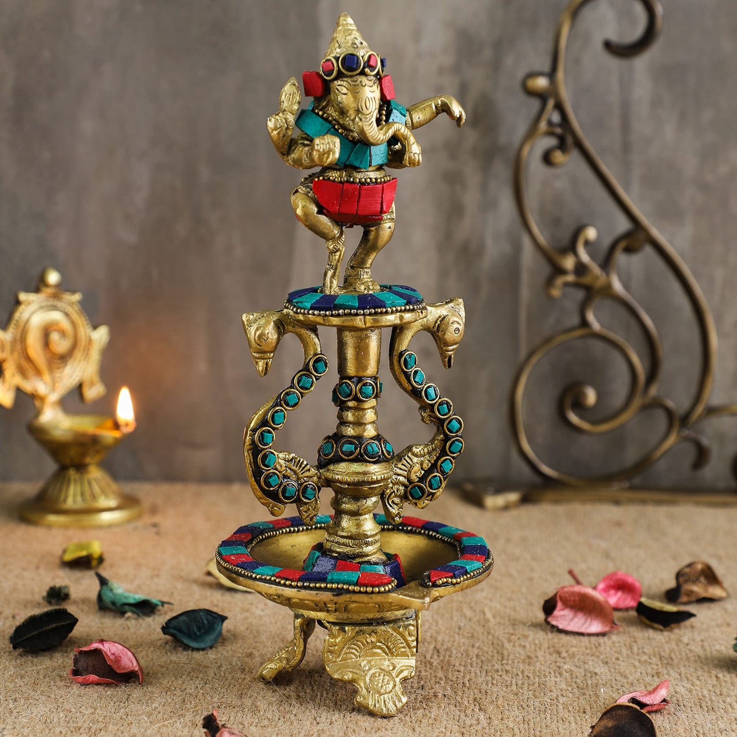 Dancing Ganesha Gemstone Work Brass Oil Diya