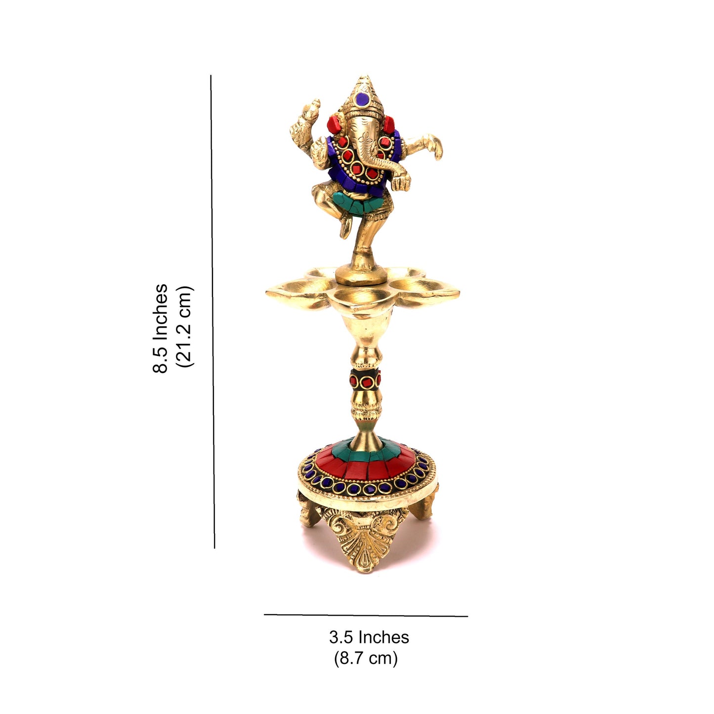 Gemstone Work Dancing Ganesha Over Ethnic Legs Five Oil Wick Brass Diya