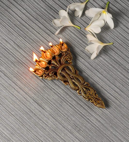 Brass Sheshnag Design Five Oil Wick Pooja Spoon