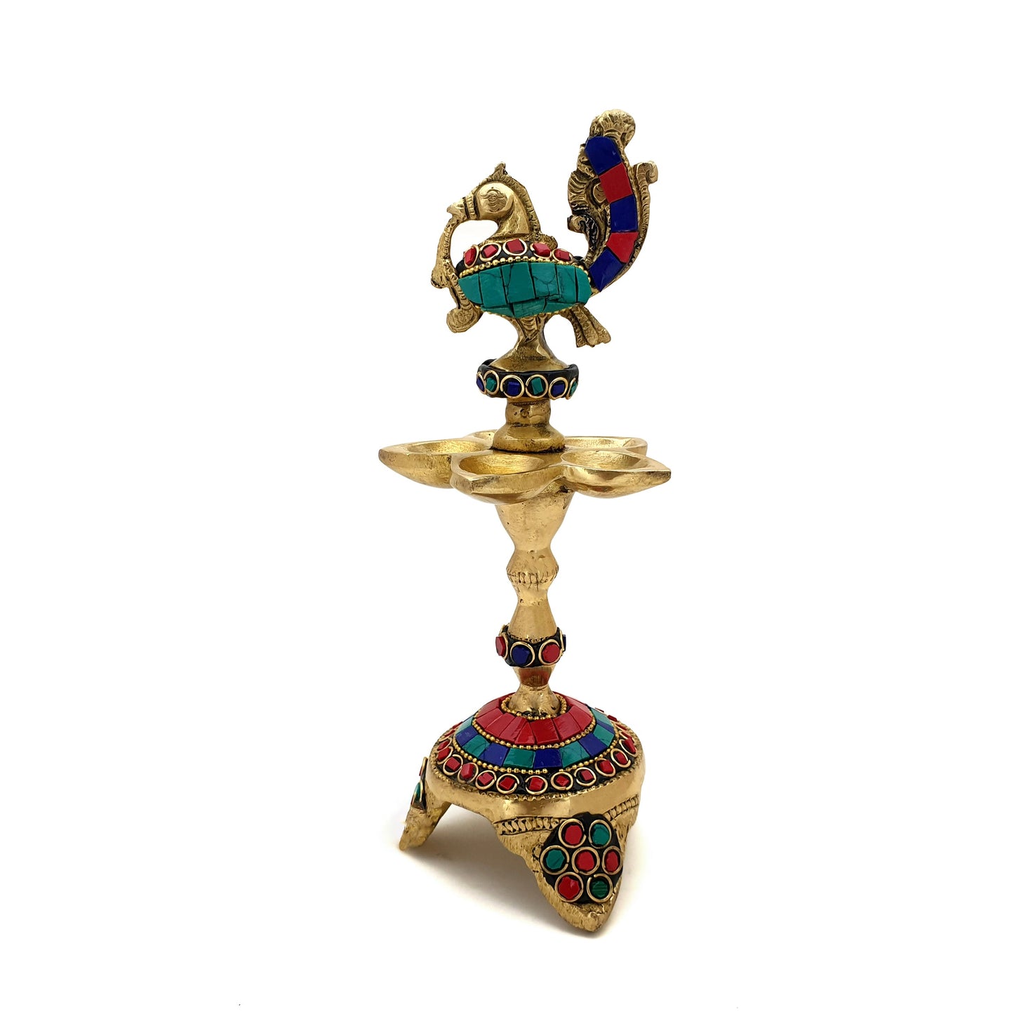 Gemstone Work Peacock Over Ethnic Carved Legs Five Oil Wick Brass Diya